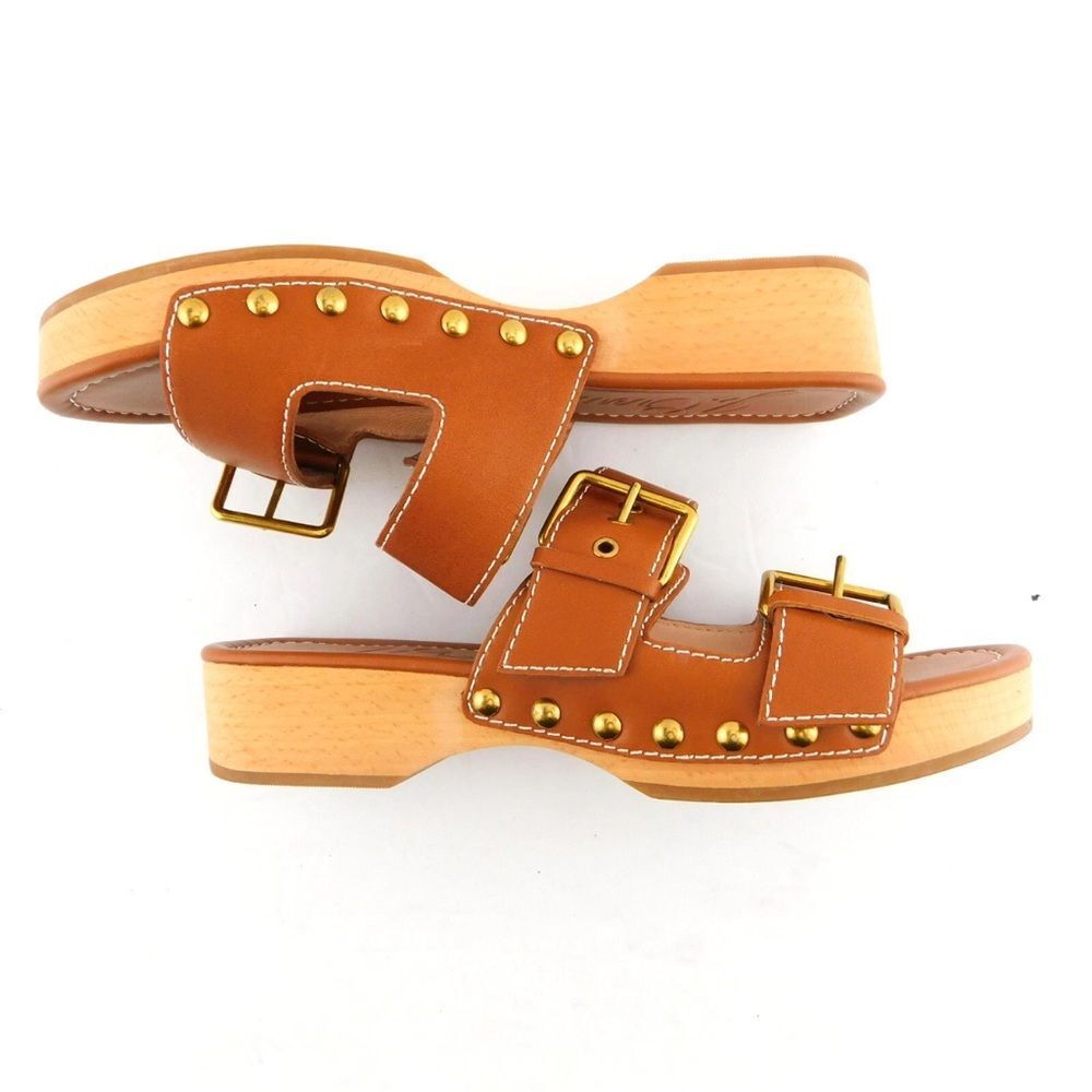 J. Crew platform buckle leather Stylish Tan brown Women clog Sandals sz 7.5 GUC! - Picture 3 of 12